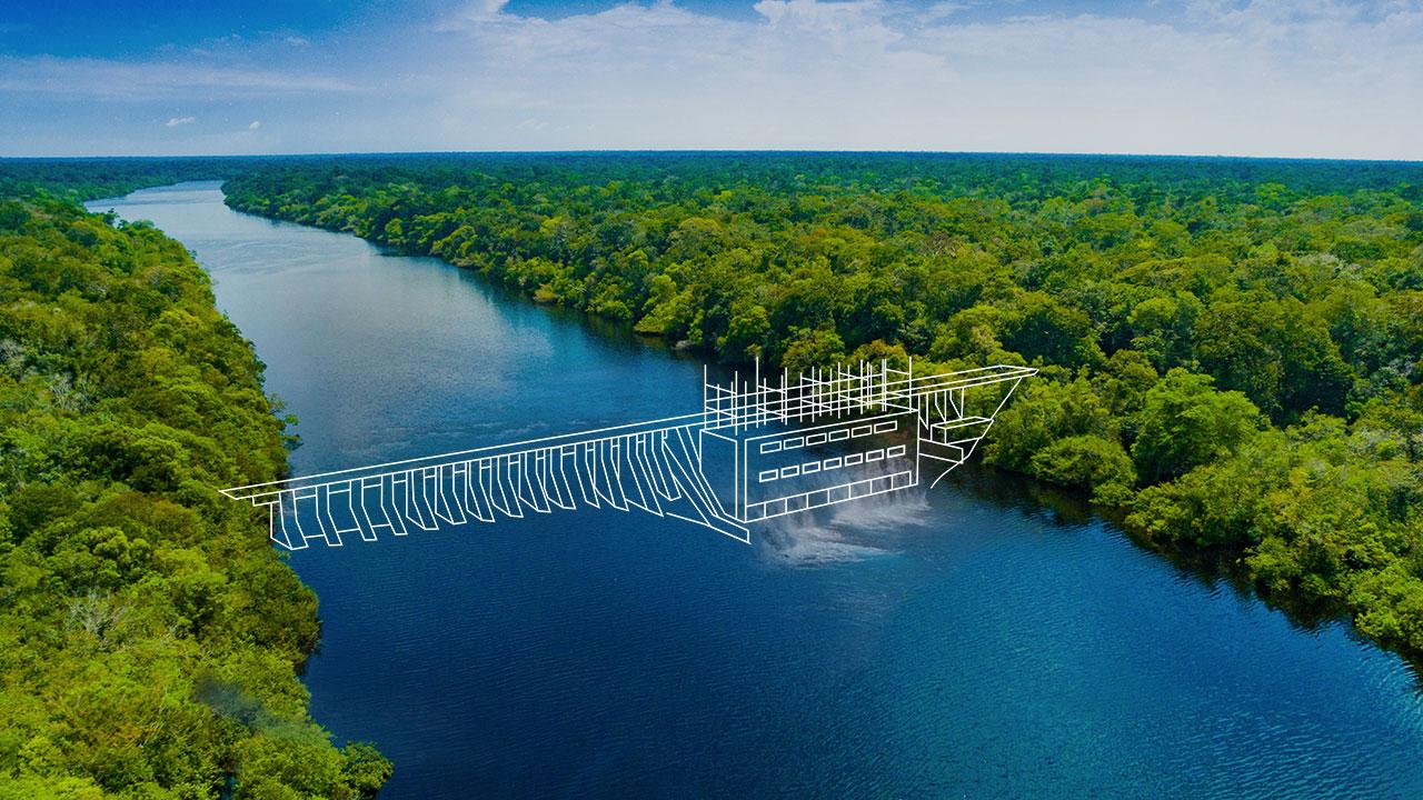 Hydropower facility sketched in white on blue river with tree-lined shore represents planning services