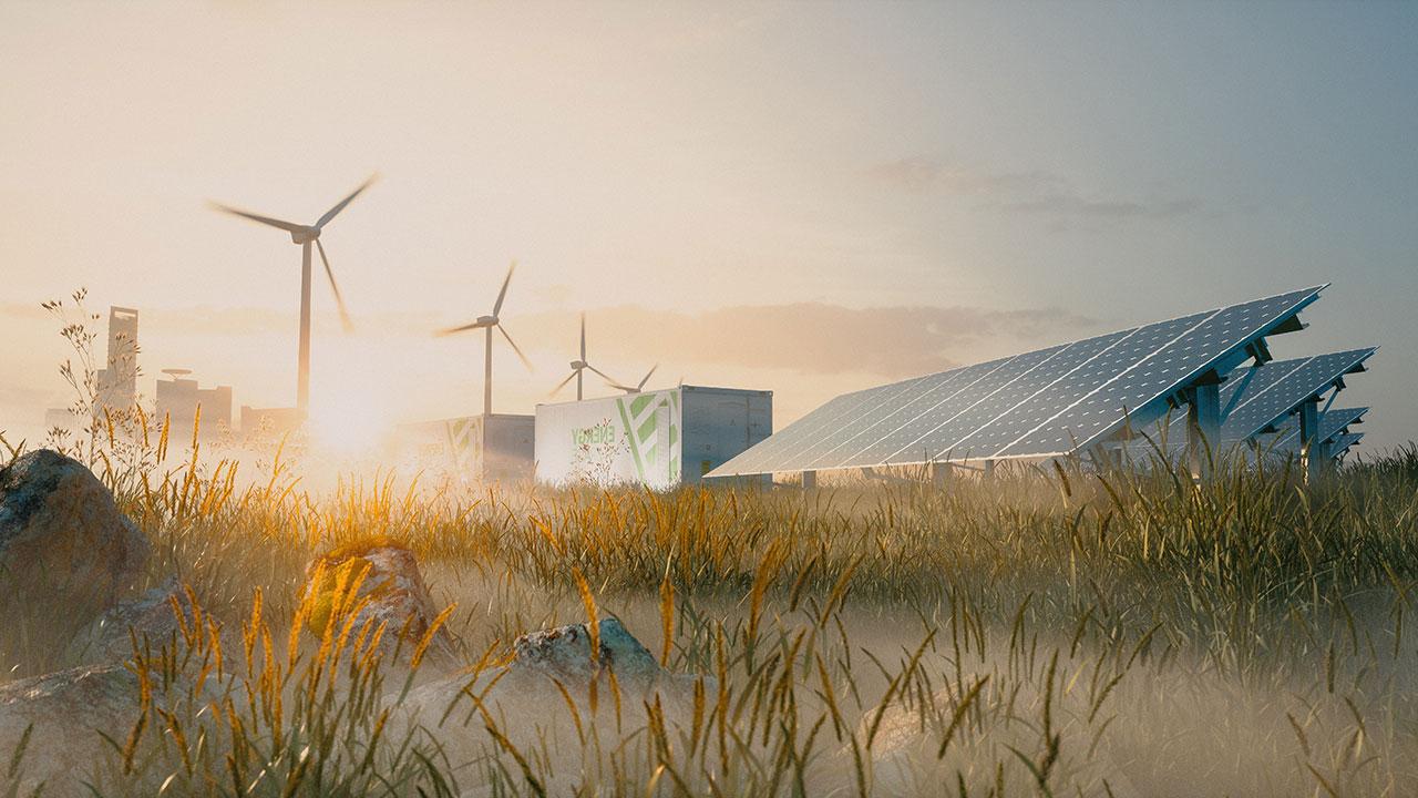 Solar panel, battery storage, and wind turbines in a foggy, grassy field