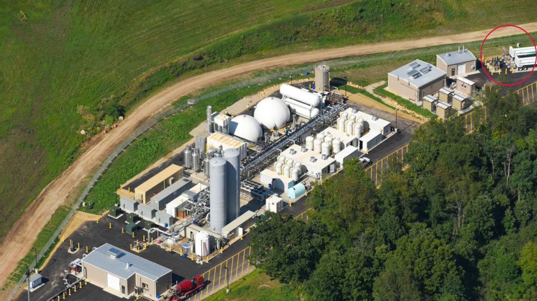 Aerial of an RNG offloading facility with RNG trailer shown circled on upper left