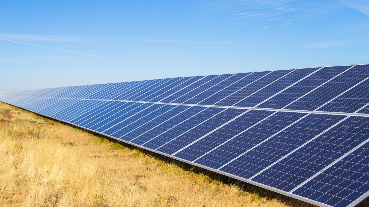 Solar panels in a field of dry grass